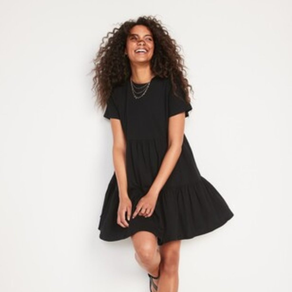 Short-Sleeve Tiered Slub-Knit Mini Swing Dress for Women